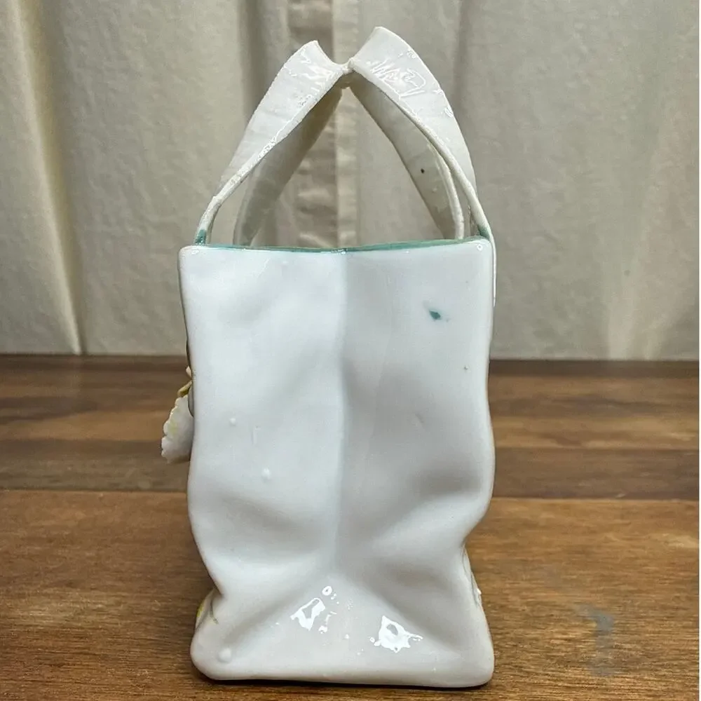 Handmade Porcelain Vintage Applied Flower Purse Bag Shaped Vase Catchall Décor
